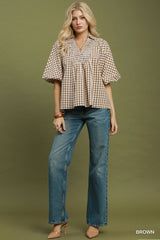 Gingham Smocked Yoke Puff Sleeve Blouse