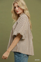 Gingham Smocked Yoke Puff Sleeve Blouse