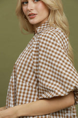 Gingham Smocked Yoke Puff Sleeve Blouse