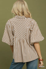 Gingham Smocked Yoke Puff Sleeve Blouse