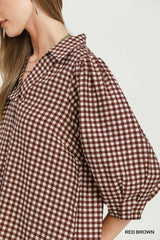 Red Brown Gingham Check Collared Puff Sleeve Blouse
