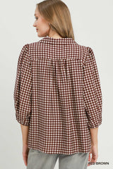 Red Brown Gingham Check Collared Puff Sleeve Blouse