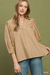 Taupe Gingham Check Collared Puff Sleeve Blouse