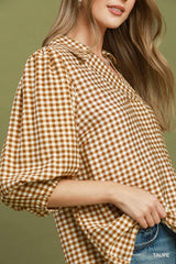 Taupe Gingham Check Collared Puff Sleeve Blouse