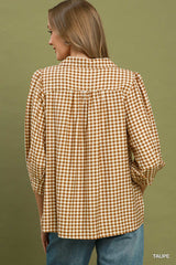 Taupe Gingham Check Collared Puff Sleeve Blouse