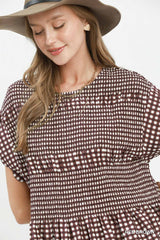 Gingham Smocked Ruffle Hem Short Sleeve Top