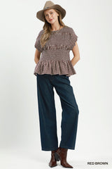 Gingham Smocked Ruffle Hem Short Sleeve Top