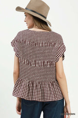 Gingham Smocked Ruffle Hem Short Sleeve Top