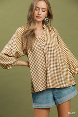 Gingham Check Puff Sleeve Blouse