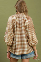 Gingham Check Puff Sleeve Blouse