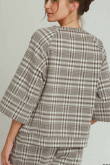 Fleece Plaid Raglan Sleeve Top