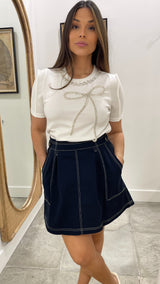 A Line Dark Denim Preppy Mini Skirt