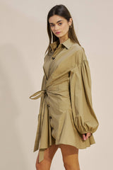 Collared Asymmetrical Button Down Mini Dress Taupe