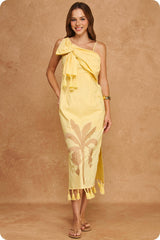 Tropical Palm Embroidered One-Shoulder Tassel Linen Mini