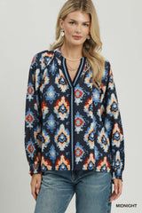 Abstract Medallion Print V-Neck Long Sleeve Blouse