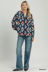 Abstract Medallion Print V-Neck Long Sleeve Blouse