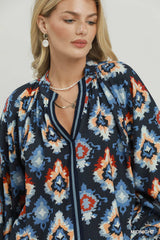 Abstract Medallion Print V-Neck Long Sleeve Blouse