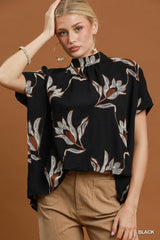 Embroidered Floral Mock Neck Dolman Sleeve Top