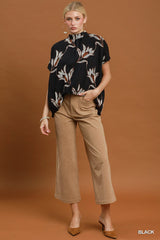 Embroidered Floral Mock Neck Dolman Sleeve Top