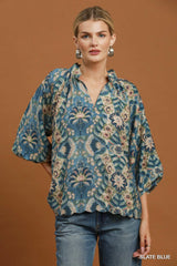Abstract Print Balloon Sleeve Top