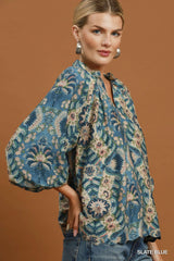 Abstract Print Balloon Sleeve Top