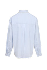 Pearl Detail Oversized Stripe Poplin Shirt Blue