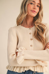 RUFFLE HEM RIBBED KNIT SWEATER CARDIGAN Blue