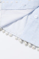 Pearl Detail Oversized Stripe Poplin Shirt Blue