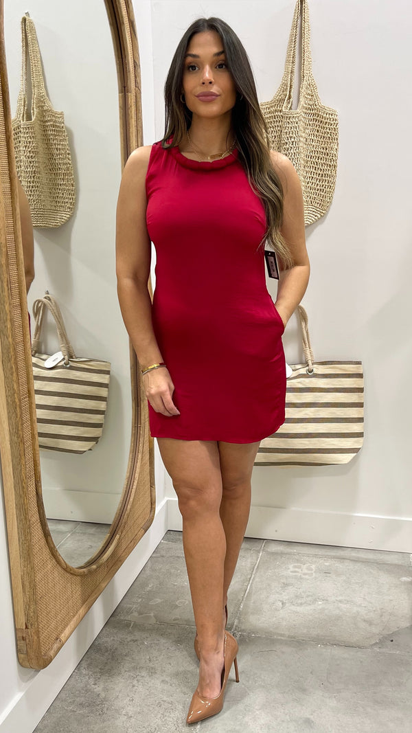 Crimson Charm Neckline Mini Shift Dress Crimson Red