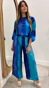 Blue Ombre Satin Boat Neck Blouson Top