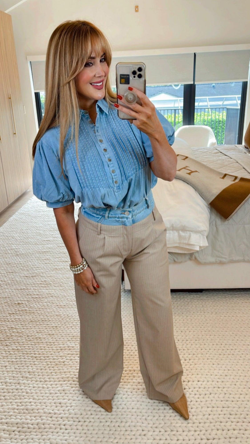 Ferro Beige Pinstripe Pants - PRINZZESA BOUTIQUE