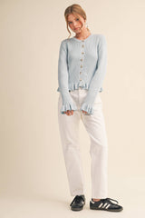 RUFFLE HEM RIBBED KNIT SWEATER CARDIGAN Blue