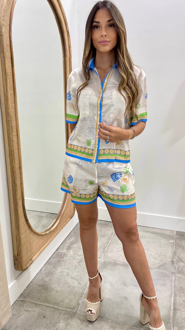 Coastal Print Button Down Short Set