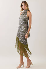 Floral Print Halter Fringe Midi Dress