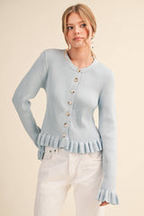 RUFFLE HEM RIBBED KNIT SWEATER CARDIGAN Blue