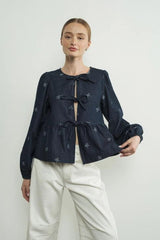 Lara Bow Print Denim Bow Tie Blouse - PRINZZESA BOUTIQUE