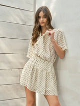 Cream Polka Dot Short Sleeve Ribbon Tie Top