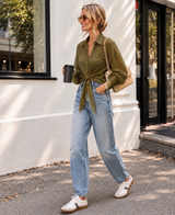Italian Tie front Blouse in Olive
