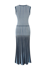 Pinstripe Knit Godet Sleeveless Midi Dress Blue