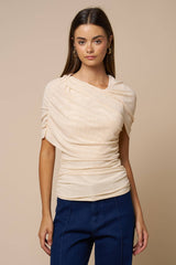 Asymmetrical Ruched Mesh Top in Beige