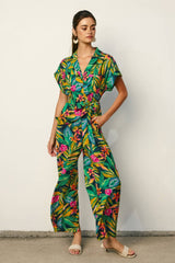 Tropical Collared Button Front Jumpsuit