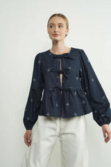 Lara Bow Print Denim Bow Tie Blouse - PRINZZESA BOUTIQUE