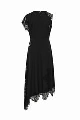 Satin Lace Asymmetric Maxi Dress in Black