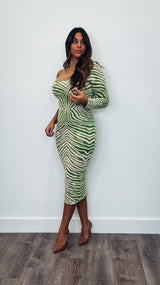 One Shoulder Animal Stretch Dress Green/Taupe - PRINZZESA BOUTIQUE
