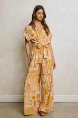 Conversational Surplice Waist Tie Jumpsuit