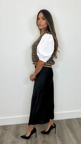 Minerva Black Satin Midi Skirt