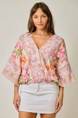 Border Print Front Wrap Kimono Top