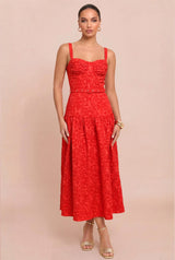 Red Textured Woven Midi Belt Dress