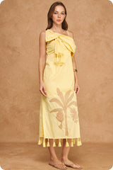 Tropical Palm Embroidered One-Shoulder Tassel Linen Mini