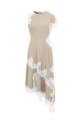 Satin Lace Asymmetric Maxi Dress in Beige